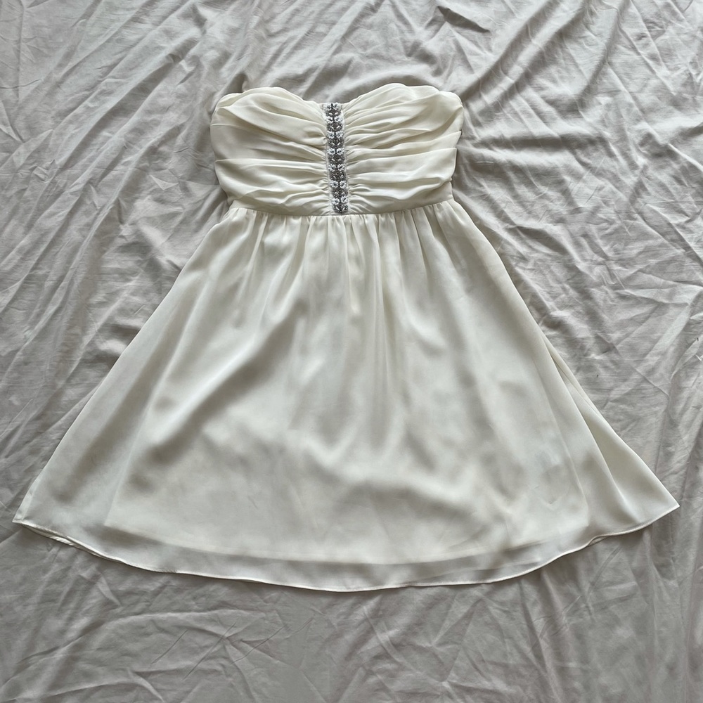 Short, strapless formal dress